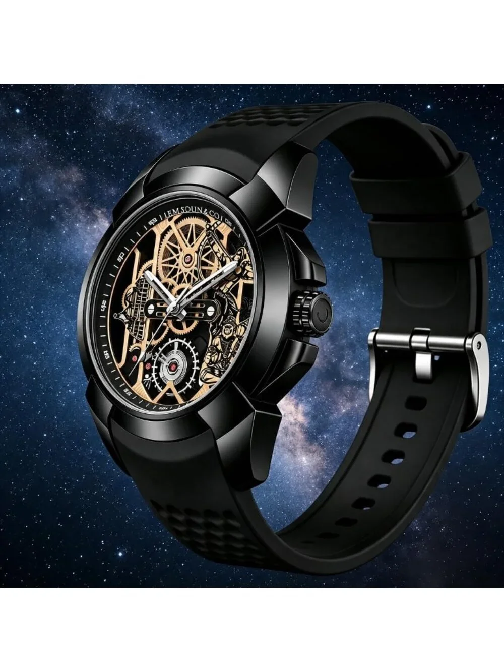 Men's Black Skeleton Luminous Quartz Silicone Strap Round Hollow Dial Watch
